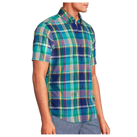 NWOT Lands' End Men's L Tailored Fit Short Sleeve Plaid Button-Down Multi - Picture 1 of 9